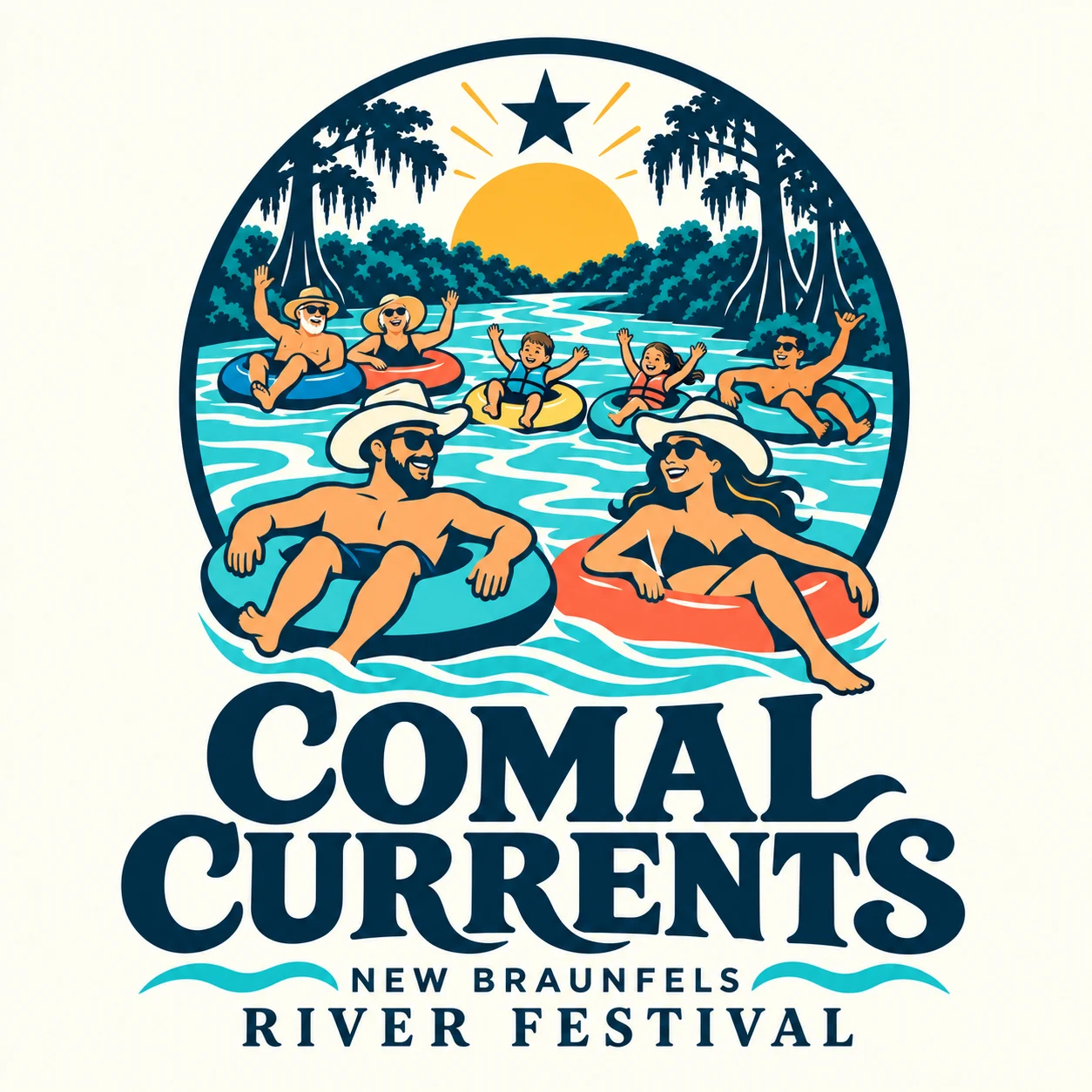 Comal Currents festival emblem with a cowboy, cowgirl and families floating the river